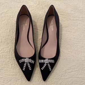 Kate Spade Black Satin Rhinestone Detail Bow Kitten Heels Women's US Sz 7 EUC